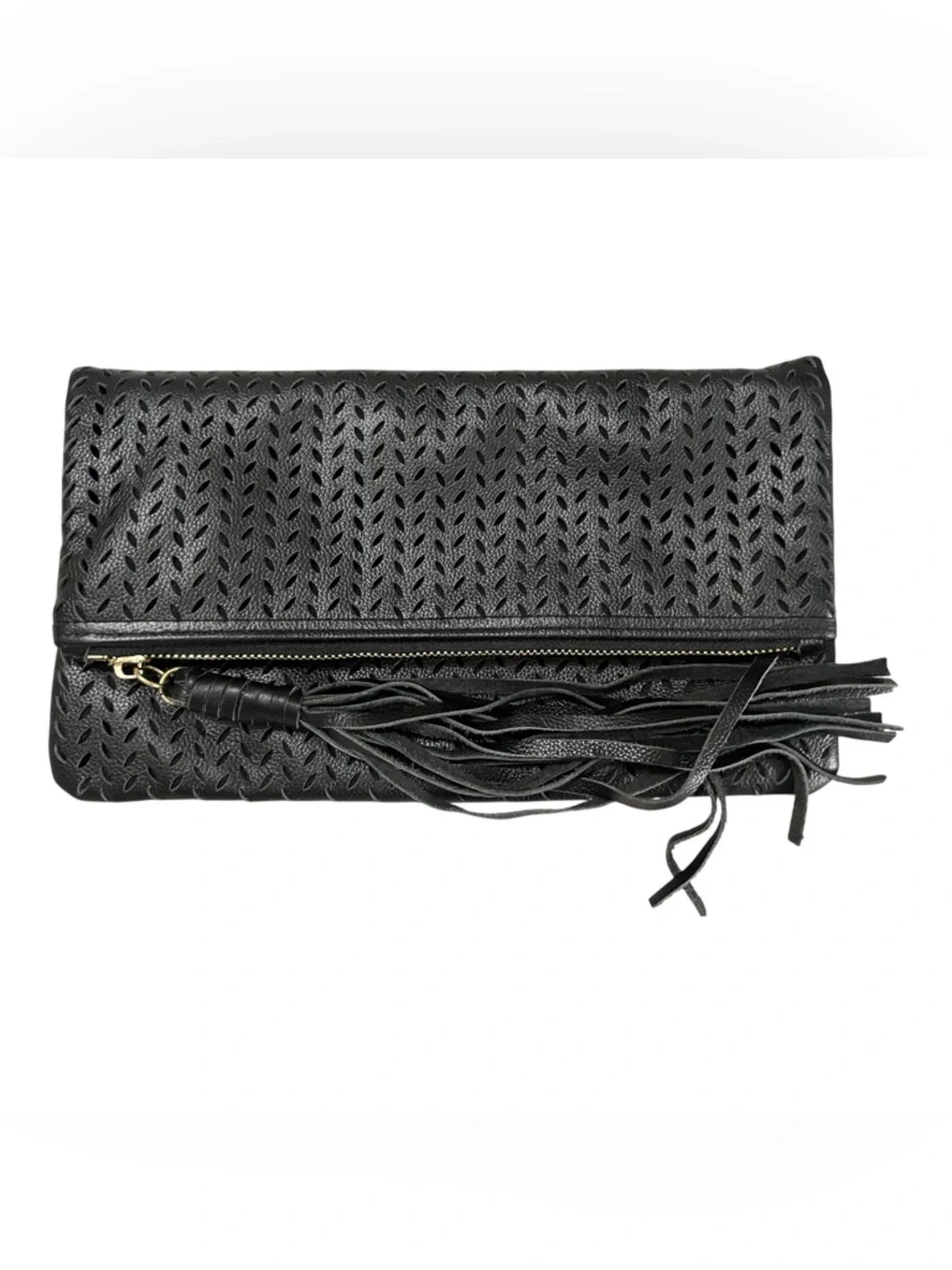 B-Low the Belt Perforated Leather Foldover Tassel Clutch
